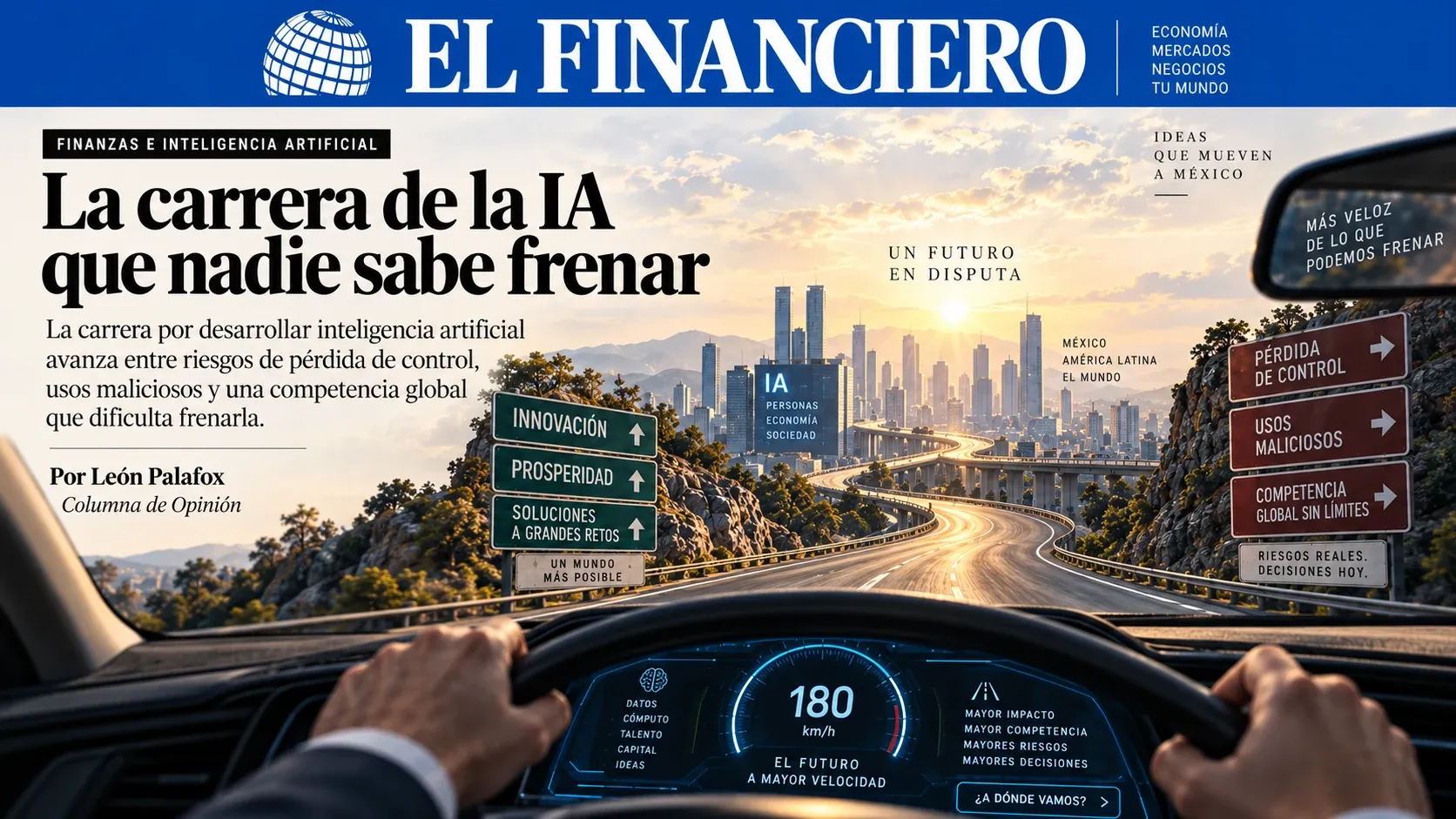 Portada de El Financiero: un conductor al volante a 180 km/h en una carretera costera, con señales que a la izquierda prometen “Innovación”, “Prosperidad” y “Soluciones a grandes retos” y a la derecha advierten “Pérdida de control”, “Usos maliciosos” y “Competencia global sin límites”, bajo el titular “La carrera de la IA que nadie sabe frenar”.