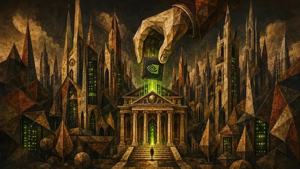 Una mano gigante coloca un chip de Nvidia sobre un banco de columnas clásicas, rodeado de torres góticas llenas de servidores con luces verdes; una figura diminuta espera al pie de la escalinata.