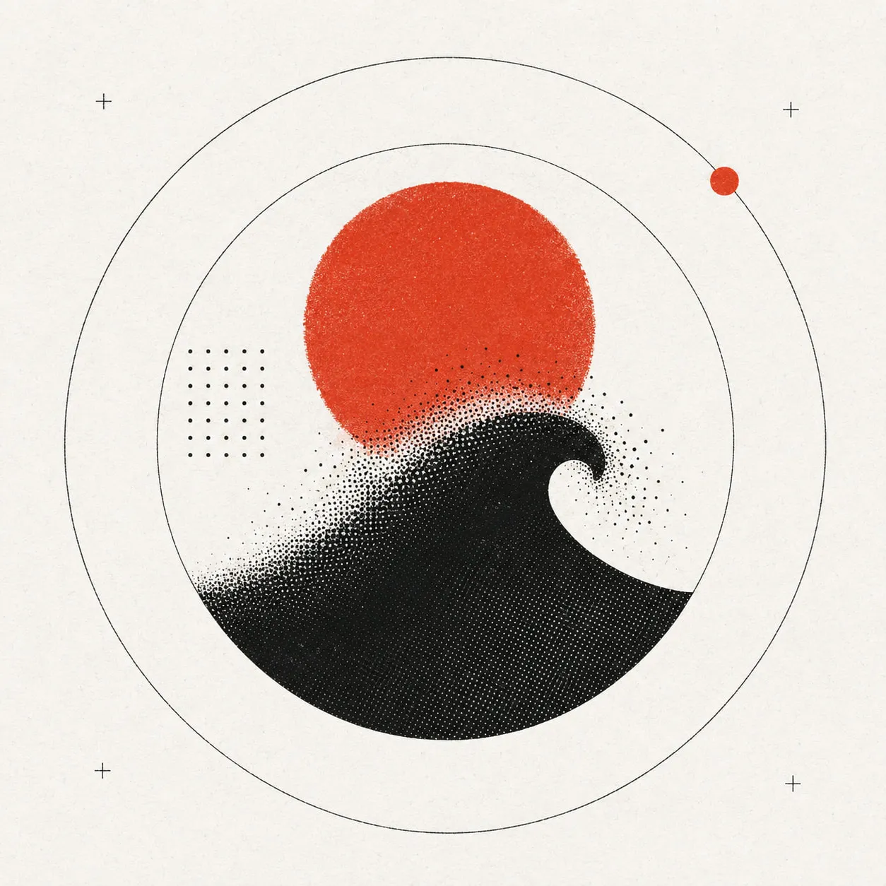 A textured vermillion sun rising behind a black halftone wave, inside thin orbit rings
