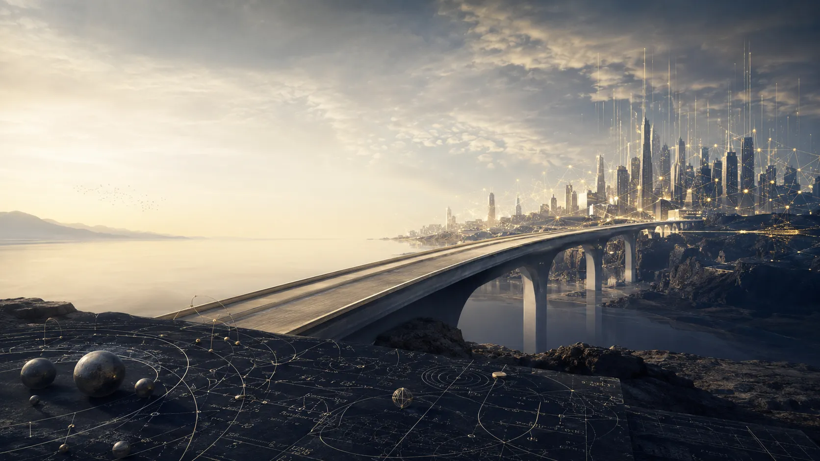 A bridge leading toward a luminous city, over a foreground of astronomical diagrams