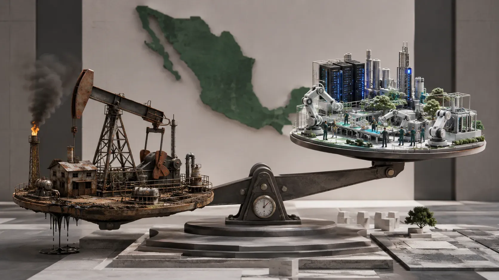 Una balanza enfrenta una plataforma petrolera deteriorada con una fábrica automatizada de robots y servidores, frente a la silueta del mapa de México.